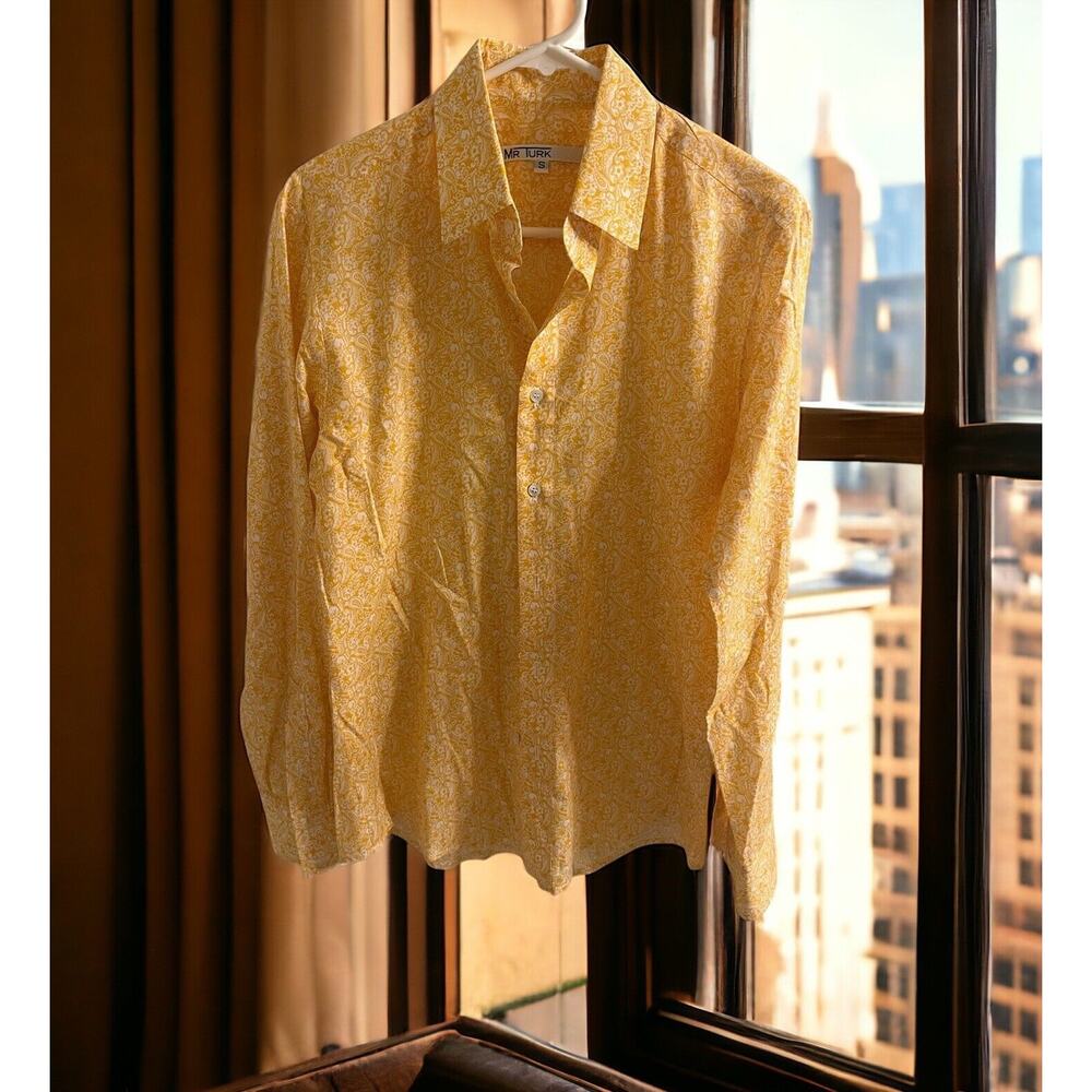 Mr Turk Button Up Shirt Men SMALL White Golden Yellow Paisley Long Sleeve
